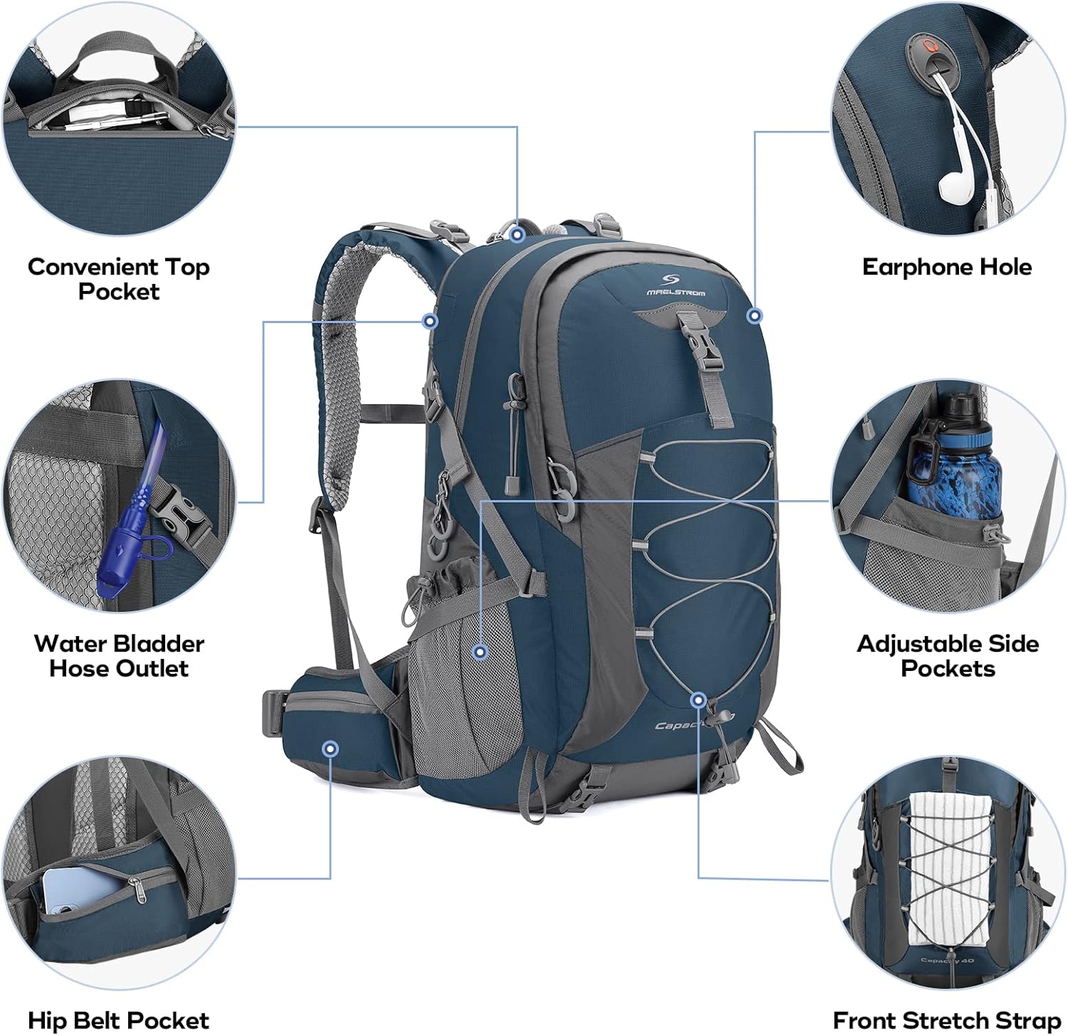 Maelstrom Hiking Backpack, Camping Backpack, 40L Waterproof Backpack with Rain Cover, Lightweight Travel Backpack,